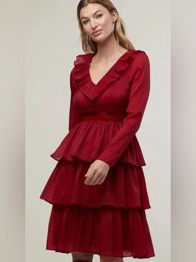 Rachel Parcell Ruffle Tiered Midi Dress in red with black flocked polka dots
